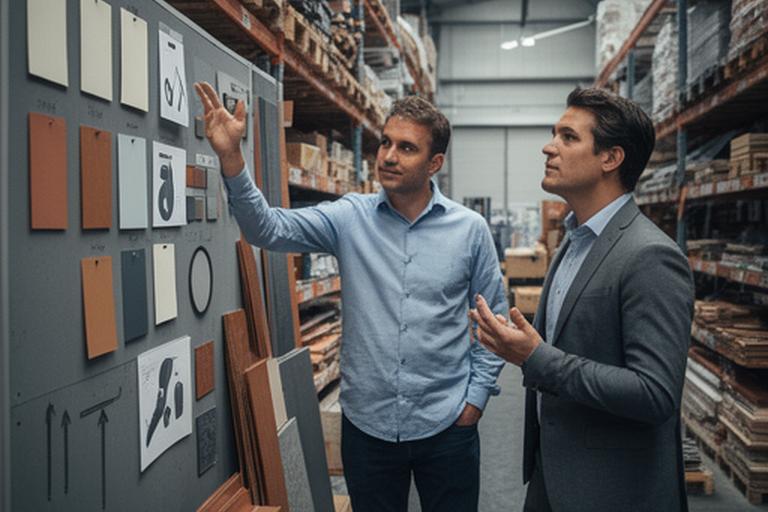 Two consultants discussing operational efficiency beside a warehouse materials board