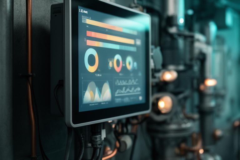 Energy monitoring display showing operational data in a plant room