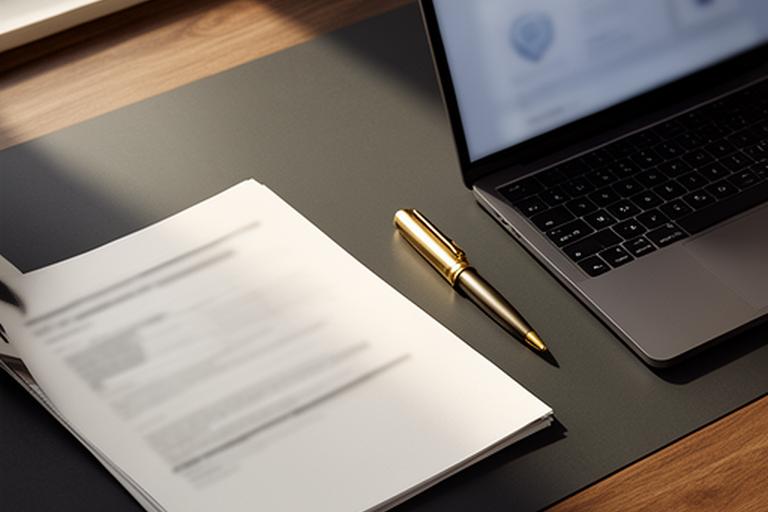 Desk with a neatly arranged contract, pen, and laptop displaying a privacy notice