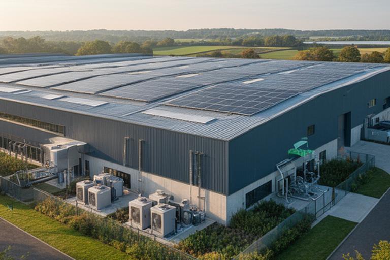 UK factory roof with solar arrays beside low-carbon industrial equipment