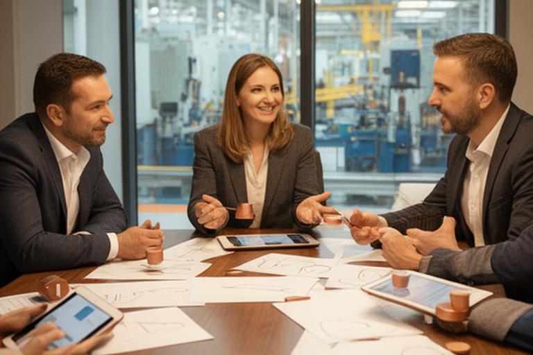 Business advisers mapping resource use with a manufacturing manager around a meeting table