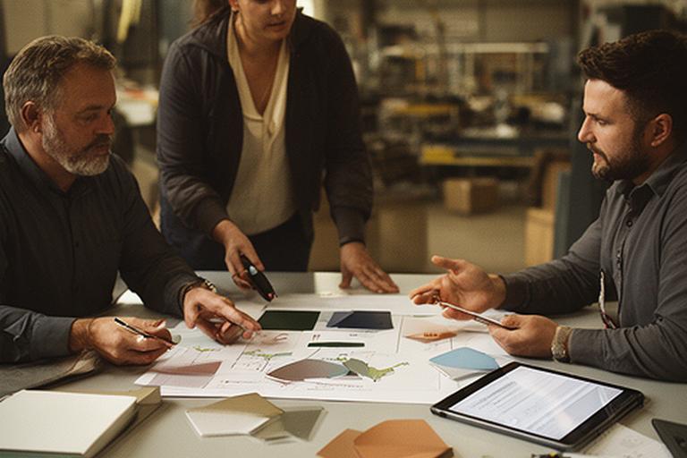 Resource advisers discussing a factory improvement plan around a table