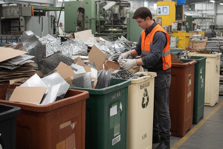 Production worker sorting reusable materials beside clearly labelled recycling containers