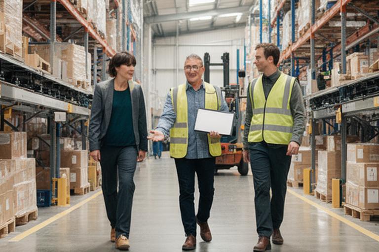 Operations advisers walking through a busy distribution centre with a site supervisor